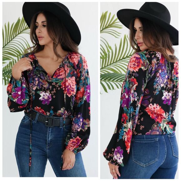 Andree by Unit Dark Romantic Floral Peasant Blouse Size1X Plus Long Sleeve Flowy - Picture 1 of 11